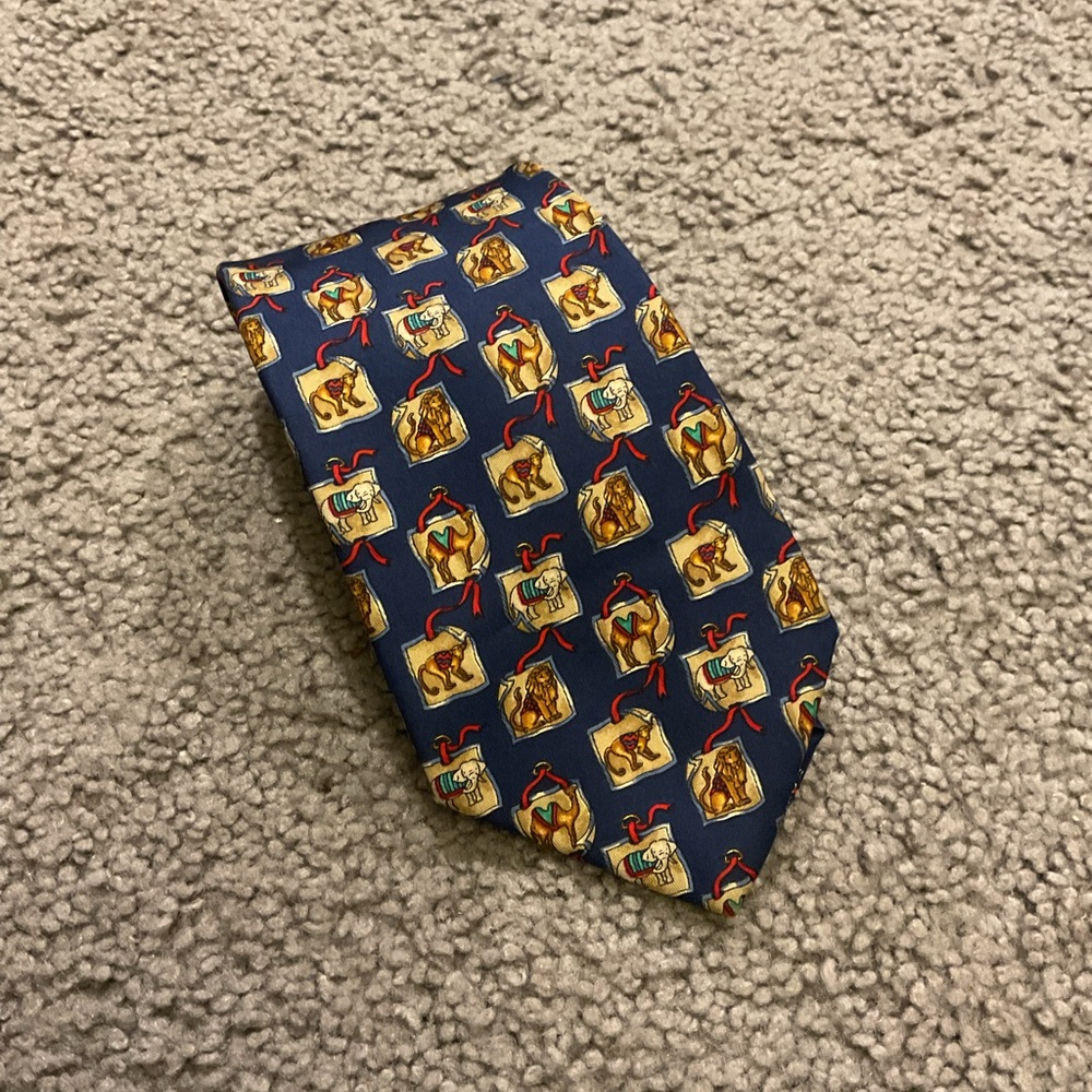 Salvatore Ferragamo Vintage Lion Monkey Elephant Camel Animal Navy Silk Neck Tie